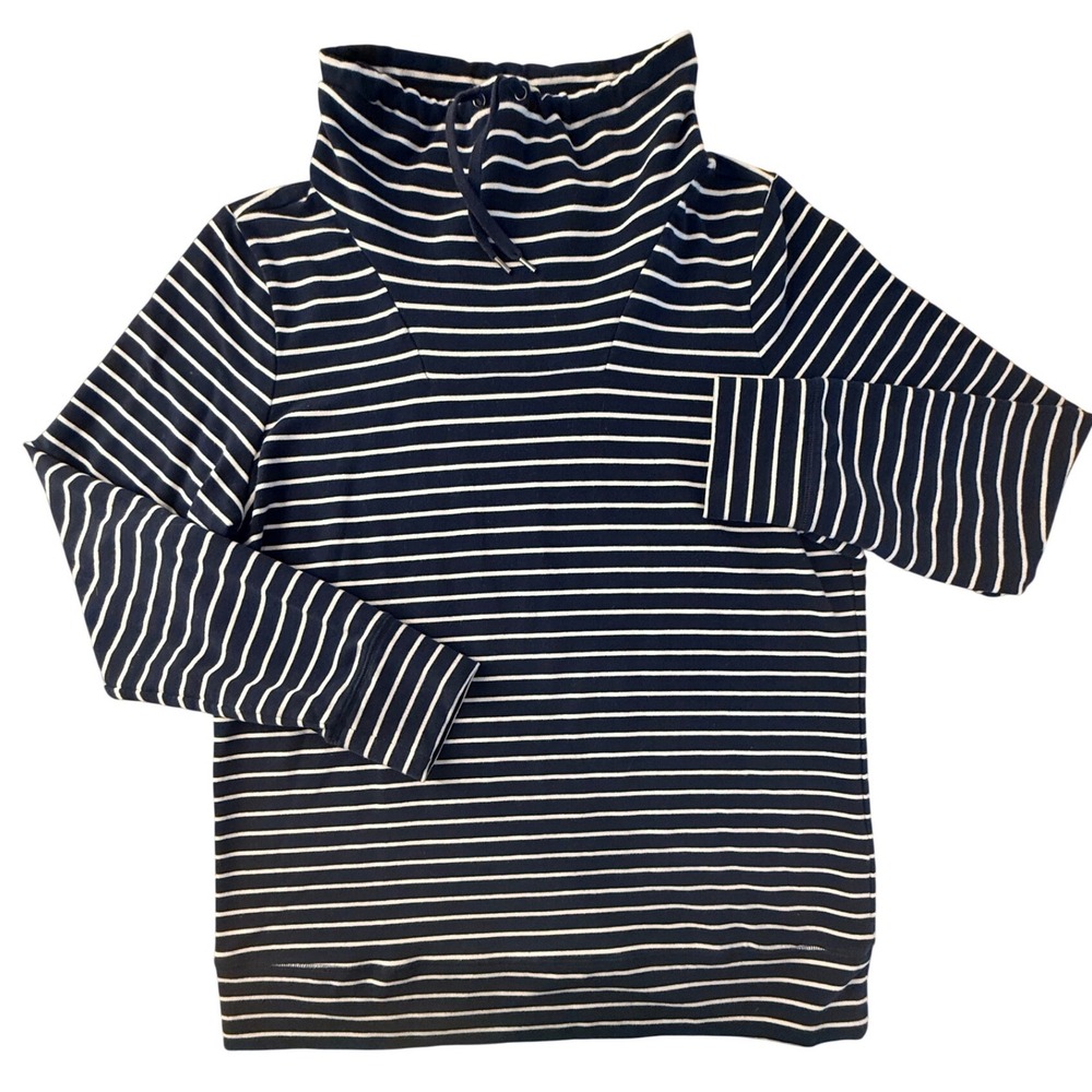 LL Bean Nautical Cape Cod Navy White Striped Funnel Neck Pullover Sweatshirt L